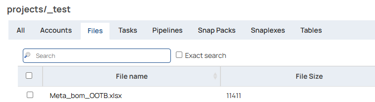 An Excel file element is listed on SnapLogic project below files category.