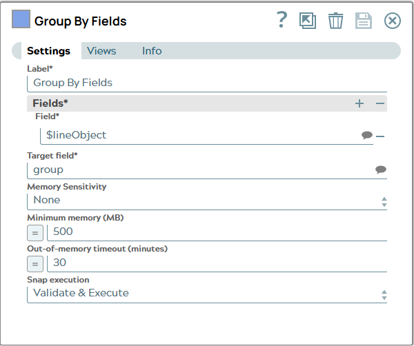 Settings tab of Group by Fields Snap. Field is 'lineObject'.