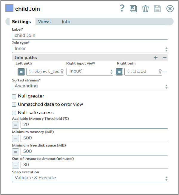 Settings of Join Snap. Join type is 'Inner' and Join paths has one row for join path to object_name and child value.