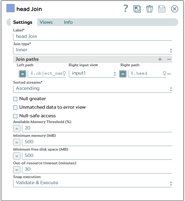 Settings of Join Snap. Join type is 'Inner' and Join paths has one row for join path to object_name and head value.