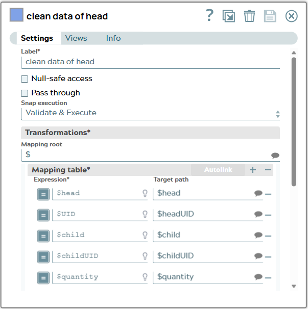 Mapper Snap setting mapping five rows in Mapping table.