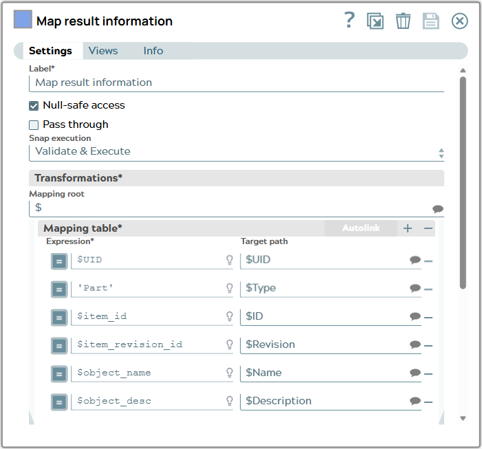 The mapping configuration between JSON from Teamcenter Create Snap output to JSON for Excel sheet .