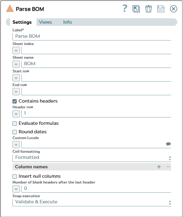 Parse data setting according to the Excel sheet with one header line and specified sheet name 'BOM'.