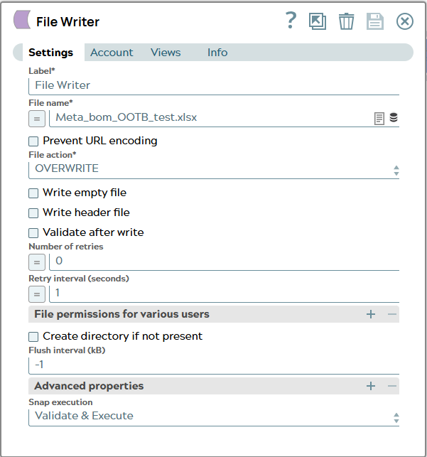 Settings of File Writer Snap.