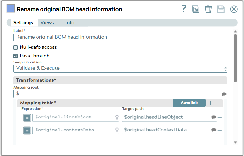 Mapper Snap with two expressions in Mapping table. One for renaming lineobject to headLineObject and one for contextData to headContextData.