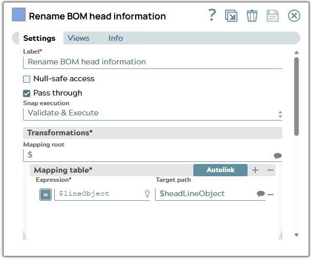 Mapping table with checkbox 'Pass through' set and expressions to rename 'lineObject' to 'headLineObject'.