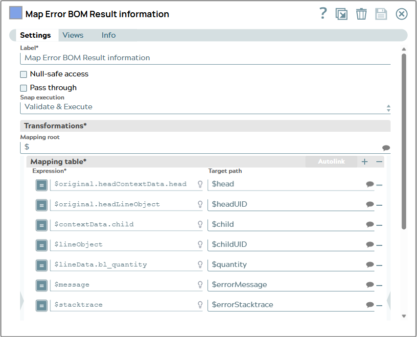 Mapping table displaying expression to map target path fields 'head', 'headUID', 'child', 'childUID', 'quantity', 'errorMessage' and 'errorStacktrace'.