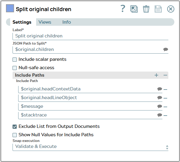 Settings of Splitter Snap for splitting children list. Include pathes are renamed properties of former snap and error message and stacktrace.