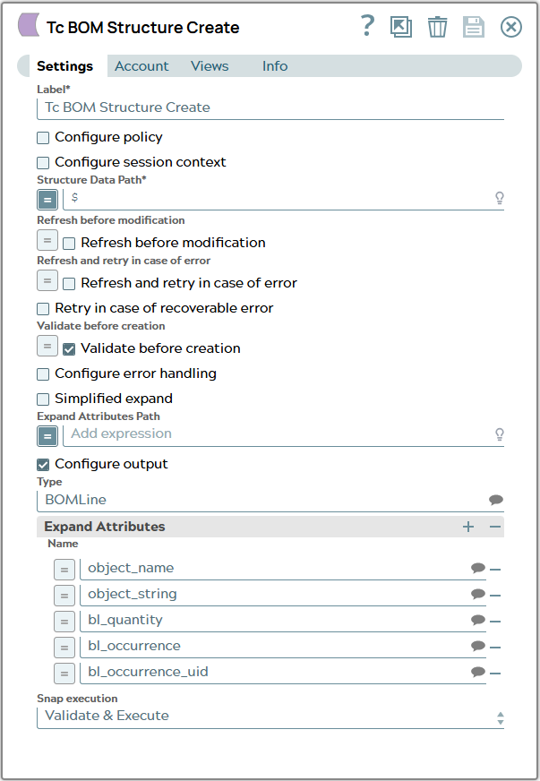 Settings of Tc BOM Create Snap.