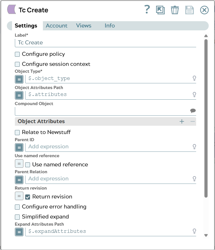 Settings of Tc Create Snap. Fields for 'Object Type', 'Object Attributes Path' and 'Expand Attributes Path' use data from JSON input document.