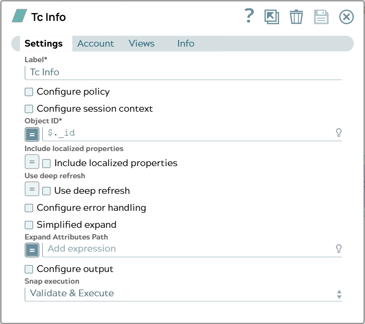 Settings of Tc Info Snap using '_id' value of input document as 'Object ID'.