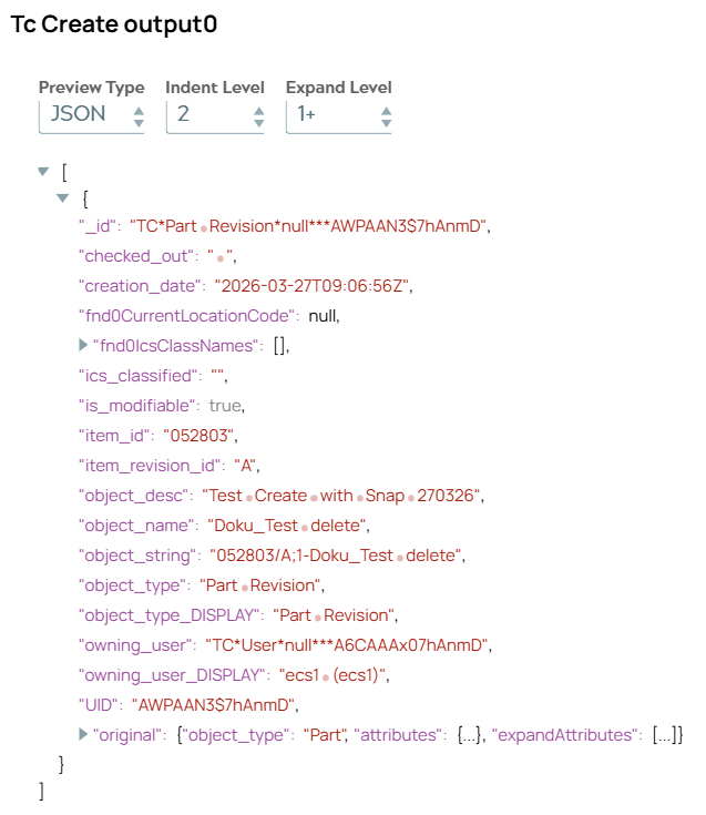 JSON output document of Tc Creae Snap including ID information.