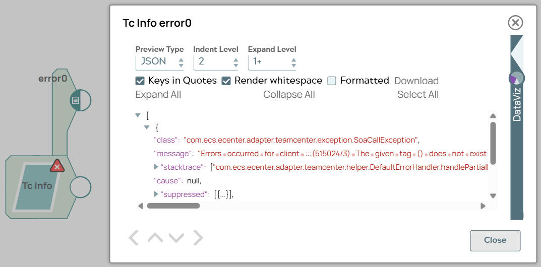Error view contains JSON document with error message.