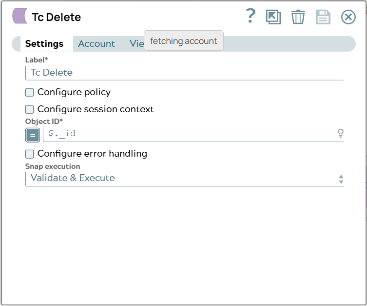 Settings of Tc Delete Snap using '_id' value of input document as 'Object ID'.