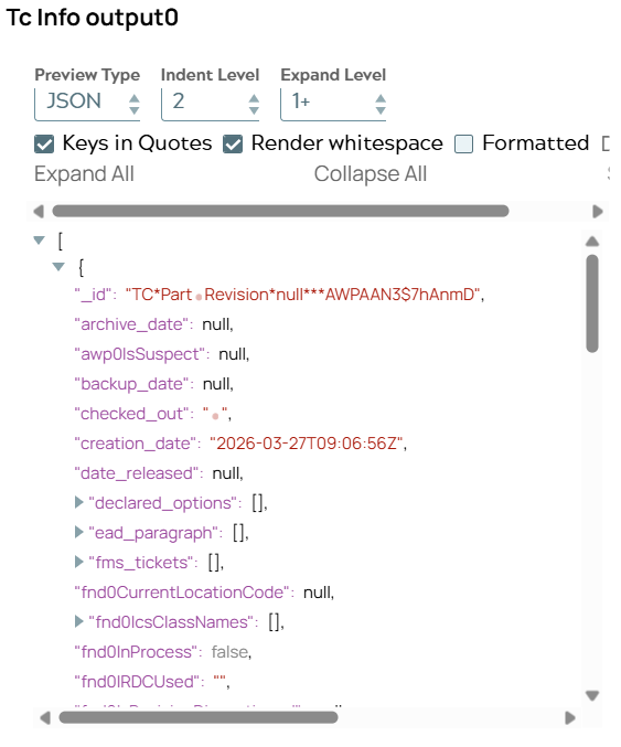 JSON document containing data from object.