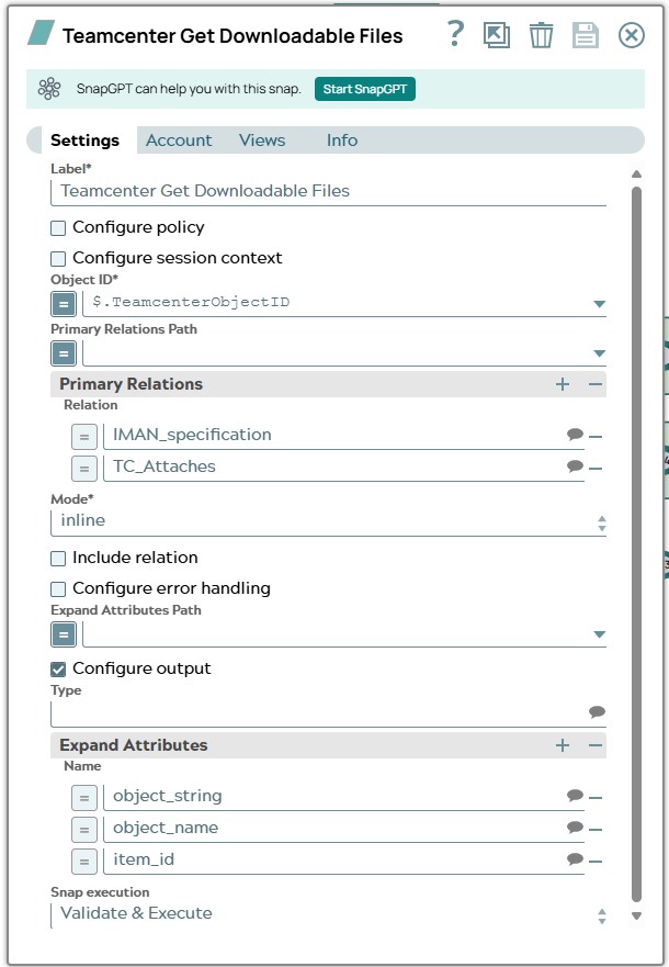 Tc Get Downloadable Files Snap settings using _id property from input document as 'Object ID' and defining two primary relation files are related with object. 'Mode' is defined as inline.