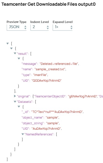 JSON output document being copy of input document including 'Datasets' list object with one dataset object. Dataset object contains now empty NamedReferences list object.