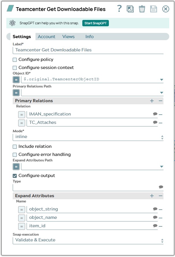 Tc Get Downloadable Files Snap settings using TeamcenterObjectID property of original from input document as 'Object ID' and defining two primary relation files are related with object. 'Mode' is defined as inline.