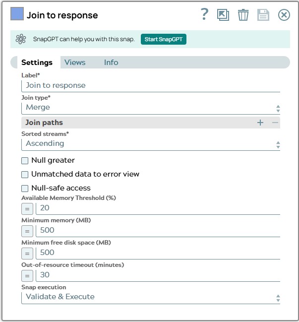 Join Snap settings with Join type defined as 'Merge'.