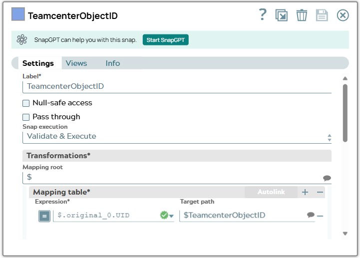 Mapper Snap settings with one row in Mapping table.