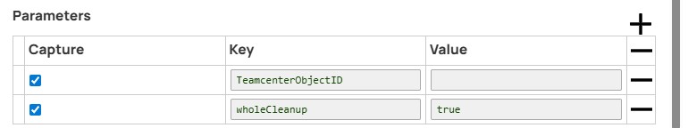 Pipeline parameters TeamcenterObjectID with empty default value and wholeCleanup with default value 'true'.