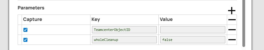 Pipeline parameters TeamcenterObjectID with empty default value and wholeCleanup with default value 'false'.