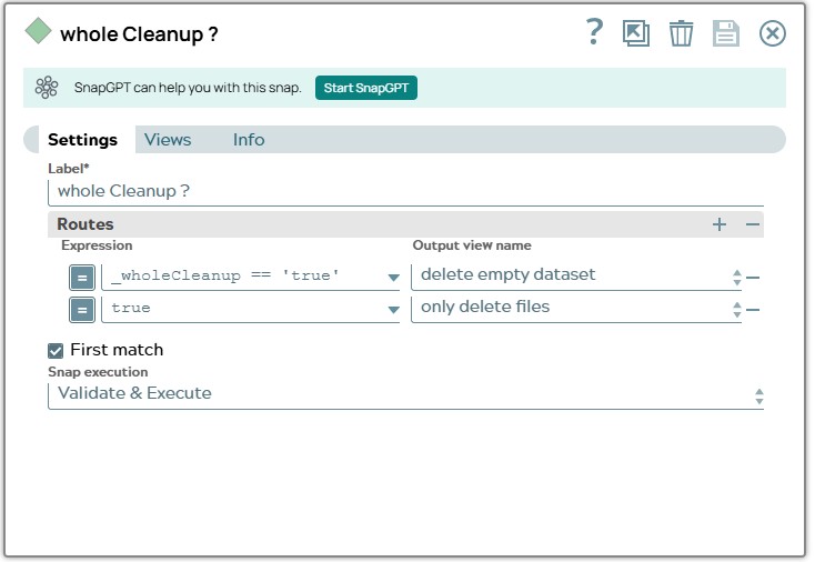 Router Snap settings with first expression checking parameter wholeCleanup is true and routing to branch 'delete empty dataset'. Otherwise branch to only delete files is routed.