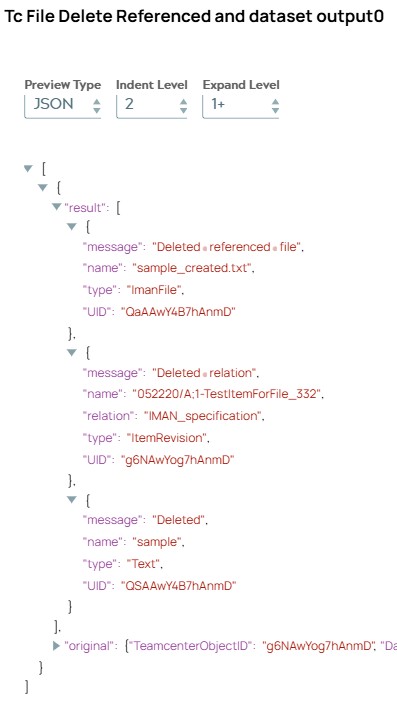 JSON output document of Tc File Delete Referenced Snap including result list object with three message objects. Message object about deleted file, relation object and dataset object.