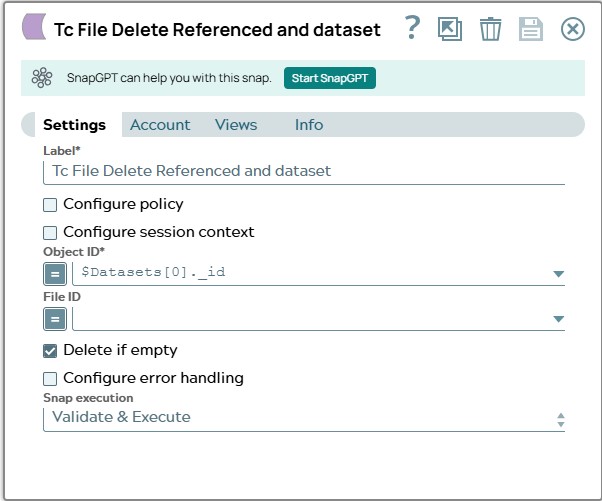 Tc File Delete Referenced Snap settings where 'Object ID' value is filled with _id of first Dataset object. 'Delete if empty' checkbox is ON.