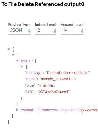 JSON output document including result list object with one message object about outcome of deletion.