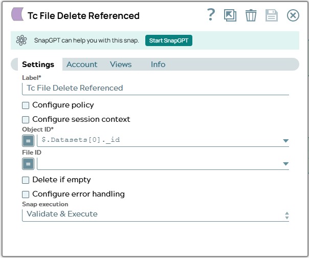 Tc File Delete Referenced Snap settings where 'Object ID' value is filled with _id of first Dataset object. 'Delete if empty' checkbox is OFF.
