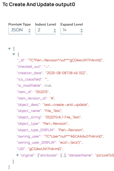 JSON document including metadata of newly created object.