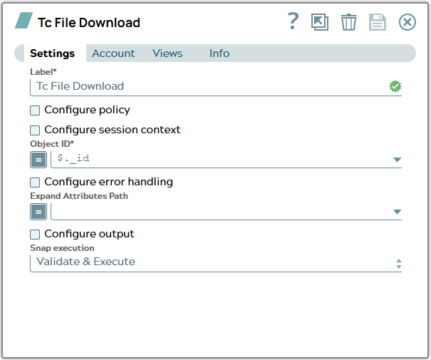 Settings of Tc File Download Snap with _id property value of input document used for field 'Object ID'.