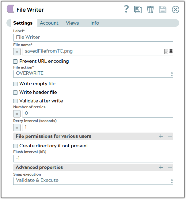 Settings of File Writer Snap with configured 'File name'.