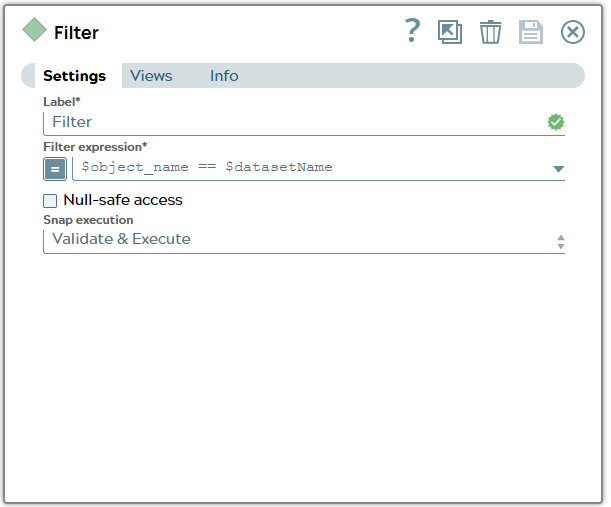 Filter Snap settings with expression object_name property equals DatasetName property.