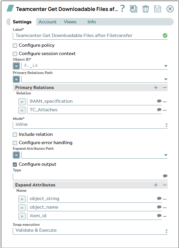 Tc Get Downloadable Files Snap settings using _id property from input document as 'Object ID' and defining two primary relation files are related with object. 'Mode' is defined as inline.