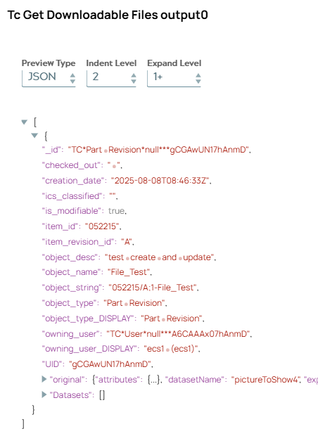 JSON output document being copy of input document including empty 'Datasets' list object.