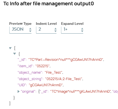 JSON output document of Tc Info Snap including metadata of ItemRevision.