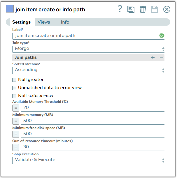 Settings of Join Snap where Join Type is 'Merge'.