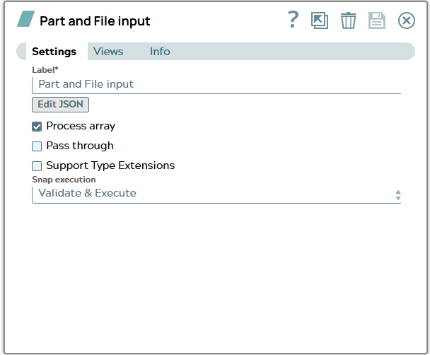 JSON Generator Snap settings. JSON File stored behind 'Edit JSON'.
