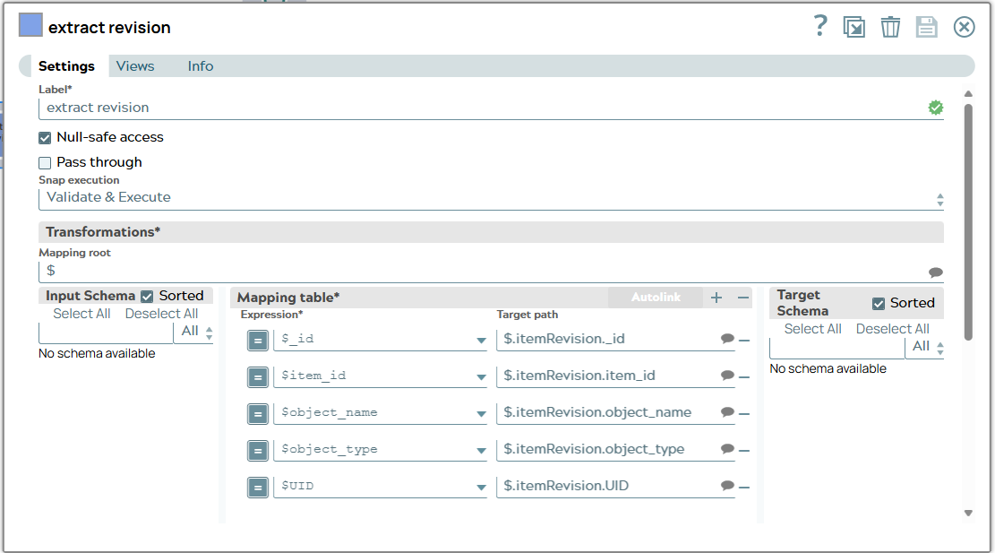 Mapper settings including Mapping table with five rows to copy properties into object ItemRevision.