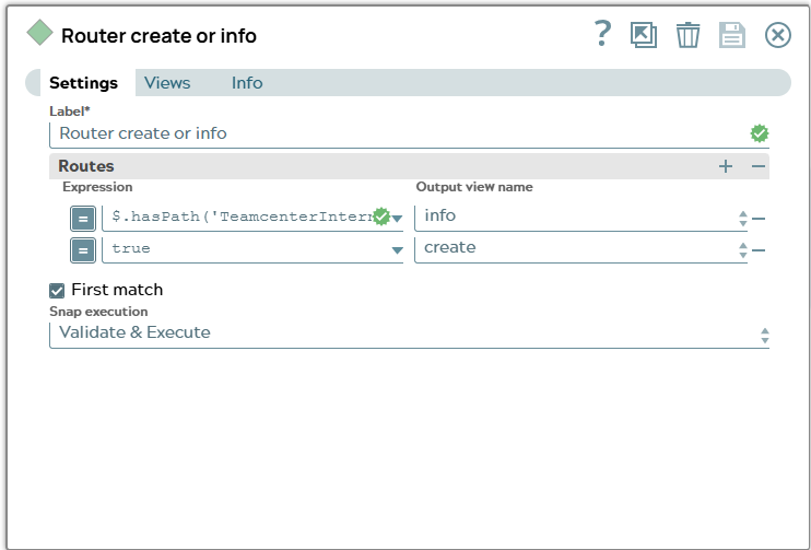 Router Snap settings to route to Info branch in case condition matches. Otherwise create branch will be routed to.