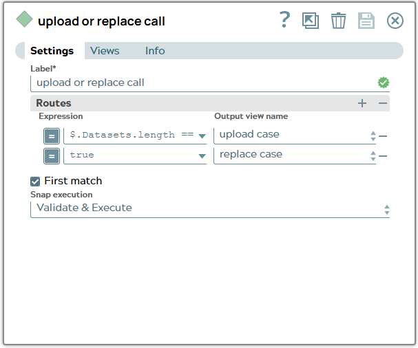 Router Snap settings leading to upload branch if first expression is true. Otherwise replace branch is routed to.
