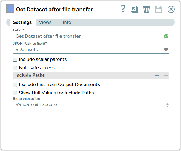 Splitter Snap settings with path to split leading to list object Datasets in input document.
