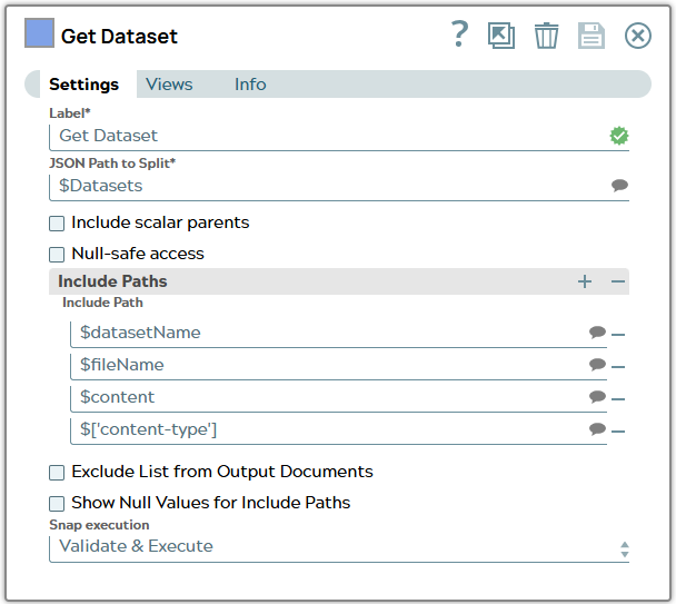 Splitter Snap settings with path to split leading to list object Datasets in input document. 'Include Paths' contains rows for dataset and file name and content.