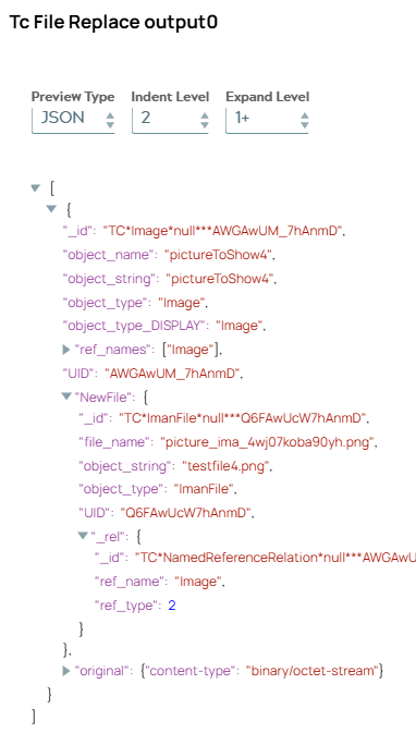 JSON output document including ImanFile metadata of in JSON object 'NewFile'.