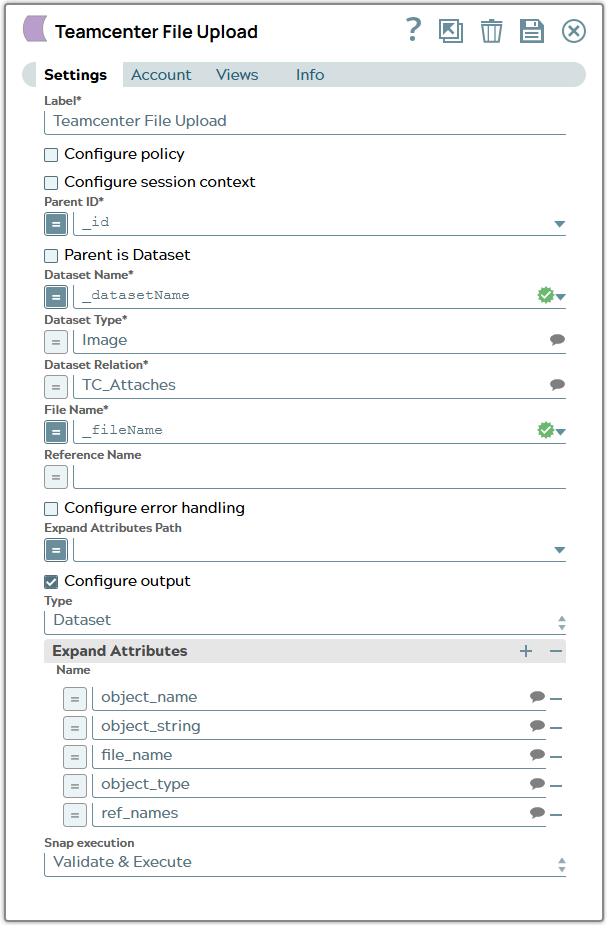 Tc File Upload Snap settings using parameter _id in field 'Parent ID'. Mandatory fields for dataset and relation configuration are defined.