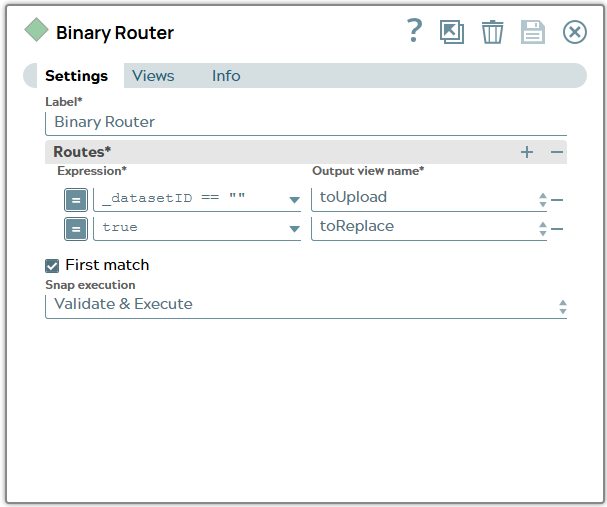 Binary Router Snap settings where first expression checks value of parameter datasetID is empty and leads to upload branch. Otherwise replace branch is routed.