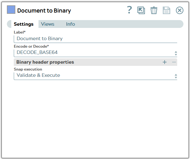 Document to Binary Snap settingswhere Decode is set to DECODE BASE 64.