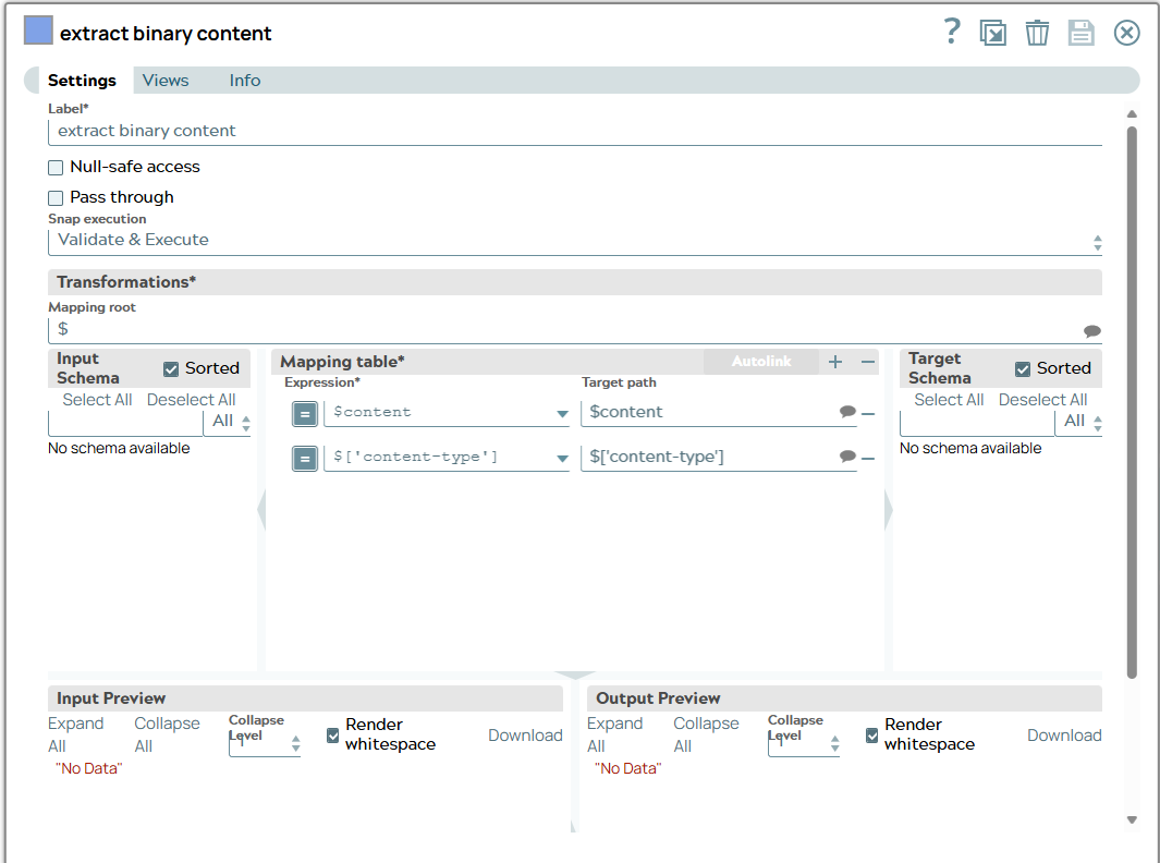 Mapper Snap settings including Mapping table to map source content to target content.